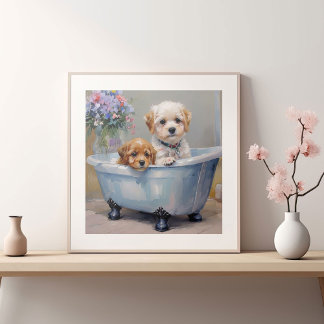 Poster Deux Chiens peint dans une baignoire