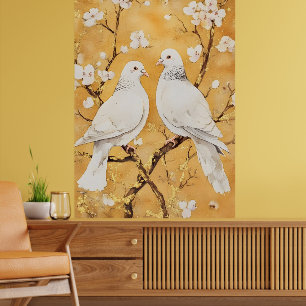 Poster deux colombes blanches perchées sur une branche