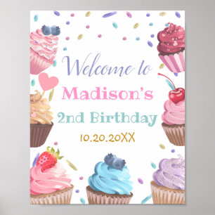 Poster Deux Cupcake sucré 2e fête de bonbons d'anniversai