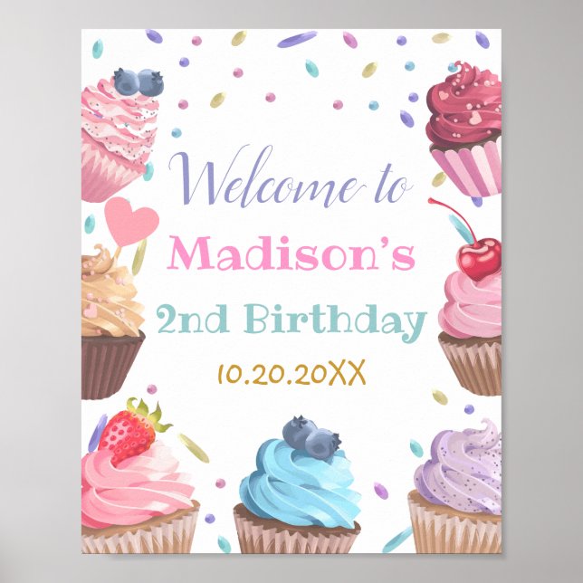 Poster Deux Cupcake sucré 2e fête de bonbons d'anniversai (Devant)