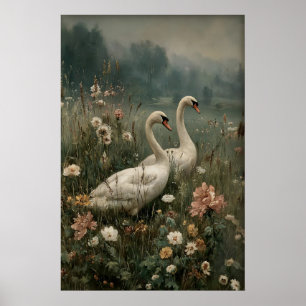 Poster Deux cygnes Art antique imprimable, Fleur de cygne