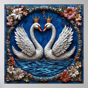 Poster Deux cygnes élégants avec couronnes