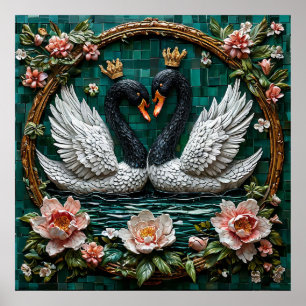 Poster Deux cygnes élégants avec couronnes