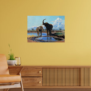 Poster Deux éléphants d'Afrique au point d'eau