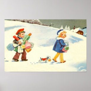 Poster Deux enfants et un chien dans la neige