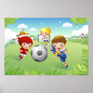 Poster Deux filles et un garçon jouant au football