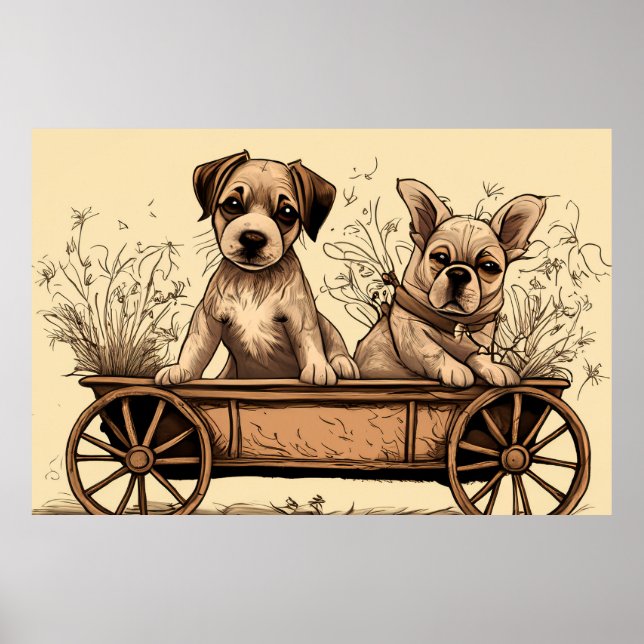 Poster Deux mignonnes chiots dans une Wagon (Devant)