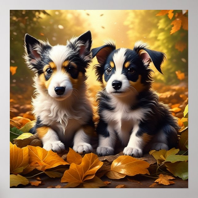 Poster Deux mignons chiots qui jouent dans les feuilles d (Devant)