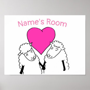 Poster Deux mignons petits moutons au coeur rose