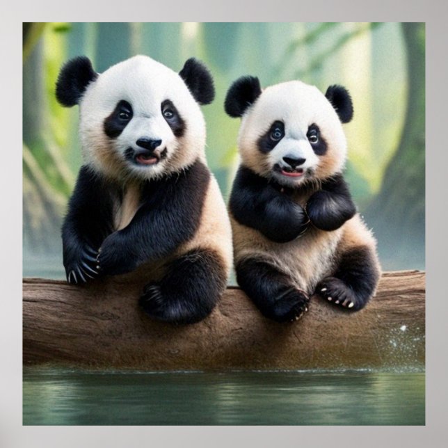 Poster Deux mignons petits pandas posant pour la caméra (Devant)