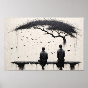 Poster Deux moines contemplant la beauté de l'arbre et de