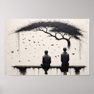 Poster Deux moines contemplant la beauté de l'arbre et de