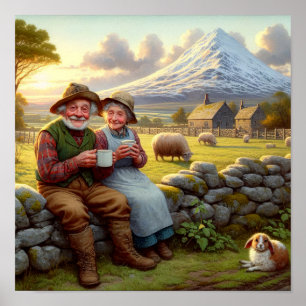 Poster Deux Moulins Adultes Adorables Appréciant Du Café