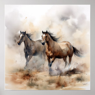 Poster « Deux mustangs sauvages » Aquarelle occidentale p