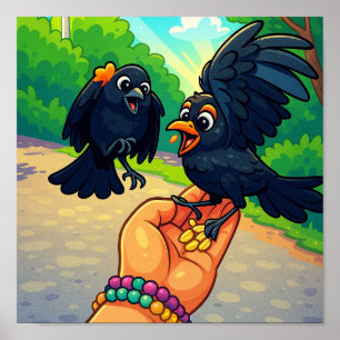 Poster Deux oiseaux noirs se nourrissant à partir d'un de