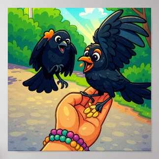 Poster Deux oiseaux noirs se nourrissant à partir d'un de