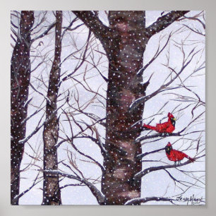 Poster Deux oiseaux rouges en hiver