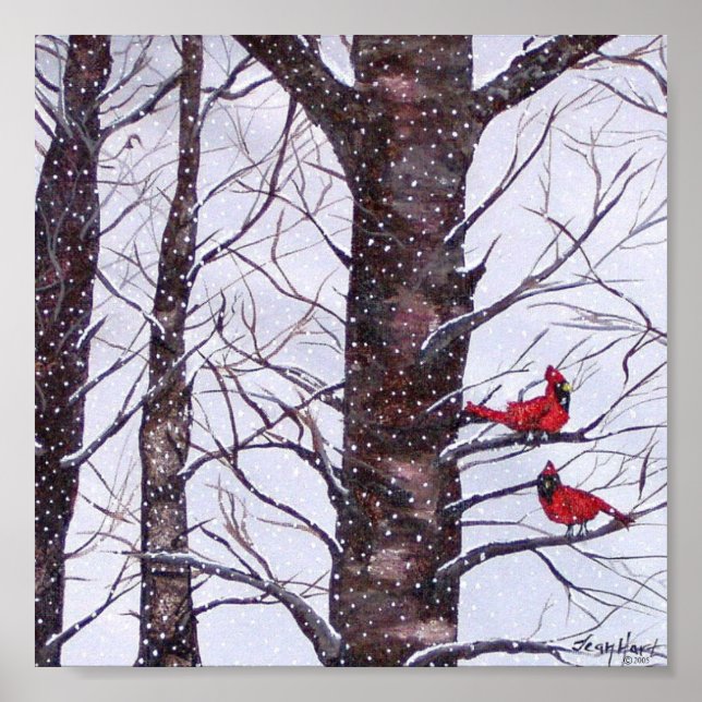 Poster Deux Oiseaux Rouges En Hiver (Devant)