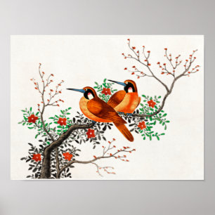 Poster Deux oiseaux sur une branche de floraison
