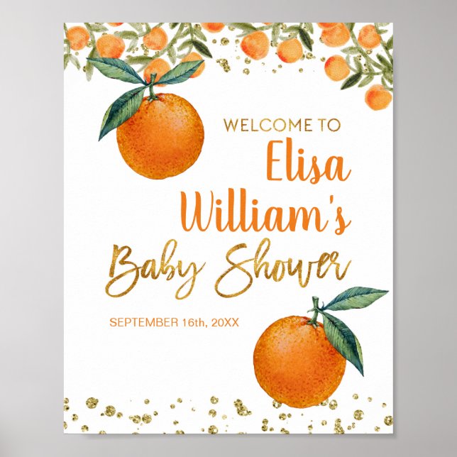 Poster Deux petites cuties baby shower orange (Devant)