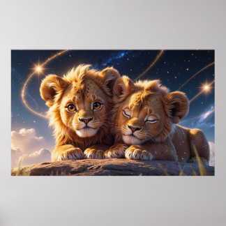 Poster Deux petits lions