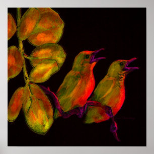 Poster deux petits oiseau-oranges et jaunes