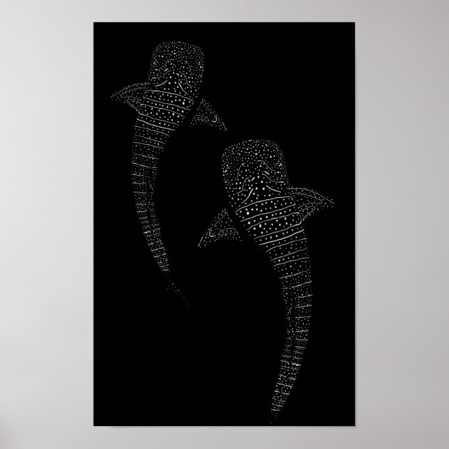 Poster Deux requins baleines noir et blanc (Devant)