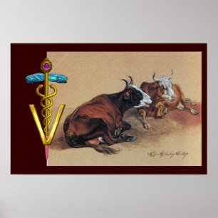 POSTER DEUX VACHES MENTANT CADUCÉE D'OR SYMBOLE VÉTÉRINAI