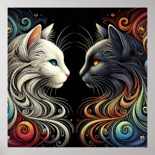 Poster Deux visages de chats contrastés avec des tourbill