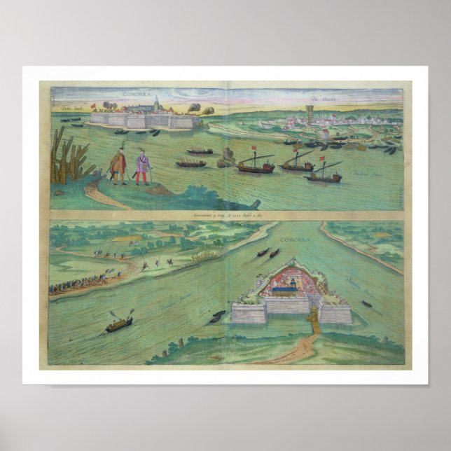 Poster Deux vues de Comorra, de 'Civitates Orbis Terrar (Devant)