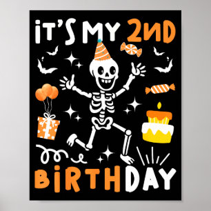 Poster deuxième anniversaire enfants drôle squelette deux