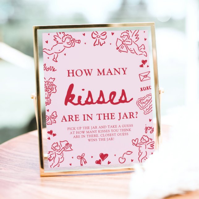 Poster Devinez combien de bisous pour la Saint-Valentin B (Pink Valentine Guess How Many Kisses Baby Shower Game Sign)
