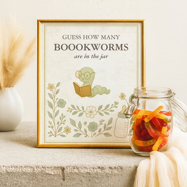 Poster Devinez combien de vers de livre Baby shower Story (Guess How many Bookworms are in the jar Storybook Baby Shower Sign, Our next chapter, Book Themed)