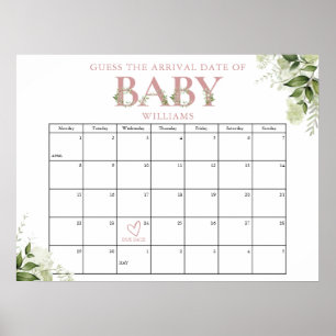 Poster Devinez la date d'arrivée Baby Shower Rose verdure