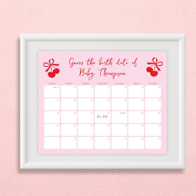 Poster Devinez la date de naissance Calendrier du Baby sh (Guess the Birth Date Cherry Baby Shower Calendar Poster)