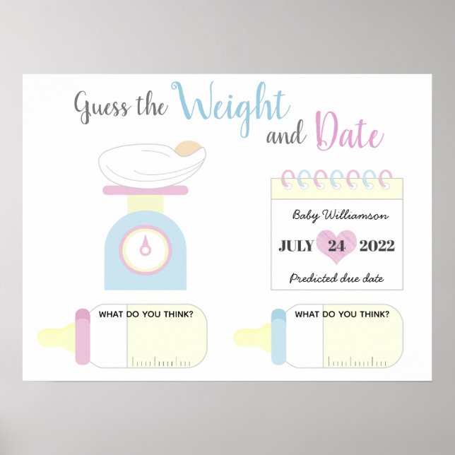 Poster Devinez le poids et la date du jeu de baby shower (Devant)