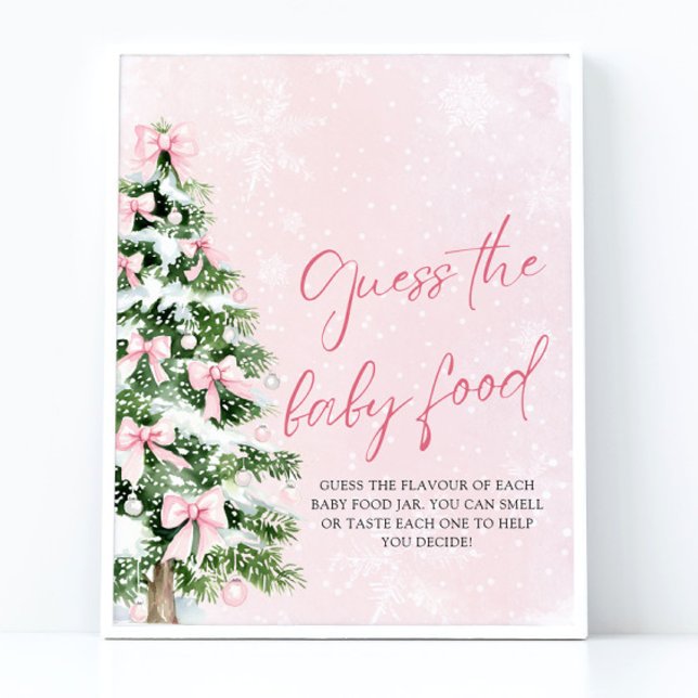 Poster Devinez Noël le Baby shower alimentaire pour bébés (Pink Bows Christmas Guess the Baby Food Baby Shower Sign)