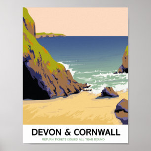 Poster Devon & Cornwall "go by rail" Voyage de style vint