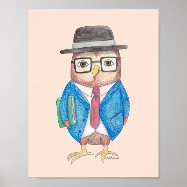 Poster d'hibou Chouette drôle avec décor animal li (Devant)