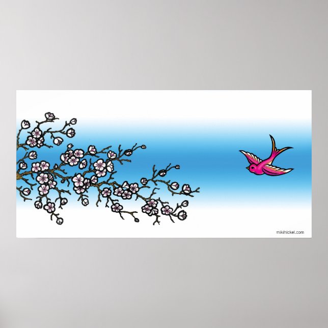 Poster d'hirondelle rose et de fleurs de cerisiers (Devant)