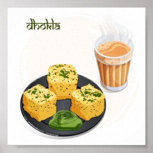 Poster Dhokla Gujarati et Chaï Masala Chaud Art culinaire