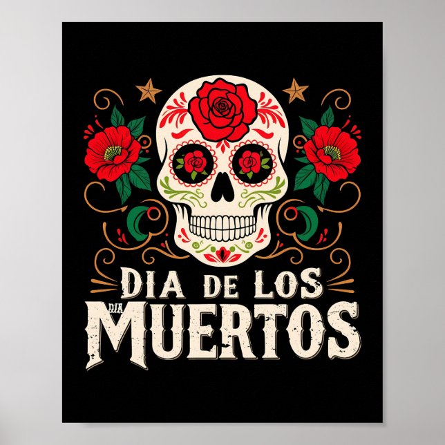 Poster Dia de los muertos crâne et fleurs (Devant)