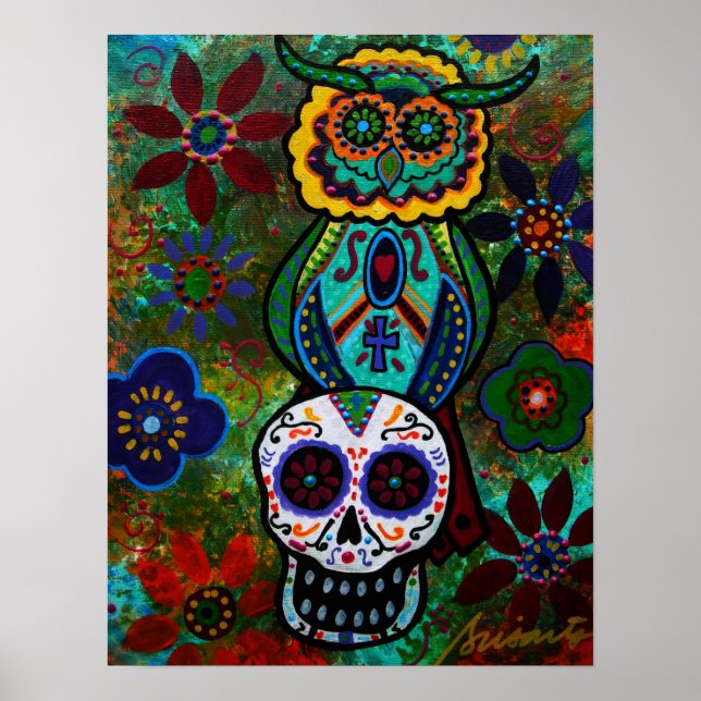 Poster dia de los muertos crânes hibou (Devant)
