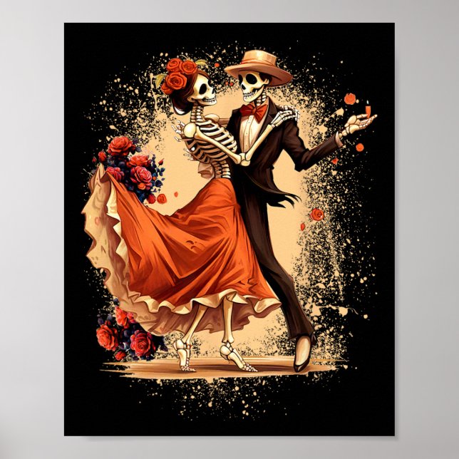 Poster Dia De Los Muertos Skeletons Dansons Fête Mexicain (Devant)
