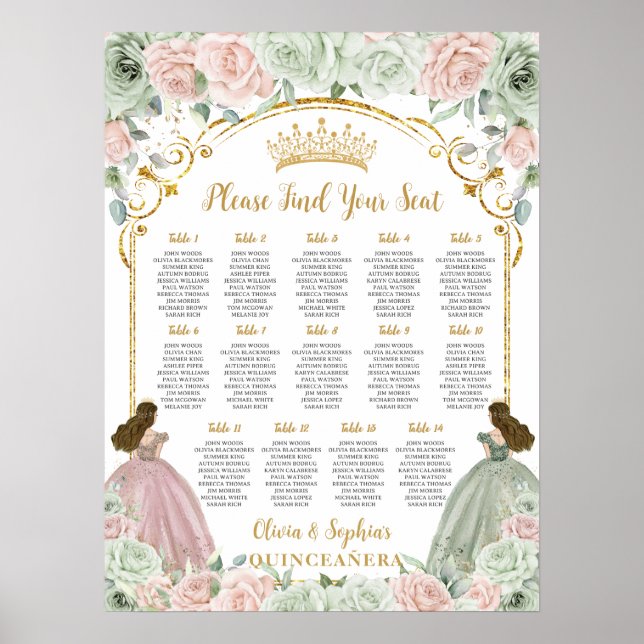 Poster Diagramme de sièges Quinceanera Floral Blush Sage  (Devant)