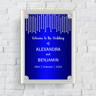 Poster Diamants et perles de luxe Mariage bleu Bienvenue