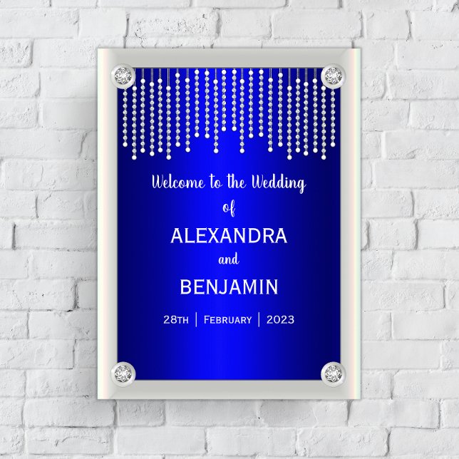 Poster Diamants et perles de luxe Mariage bleu Bienvenue (Créateur téléchargé)