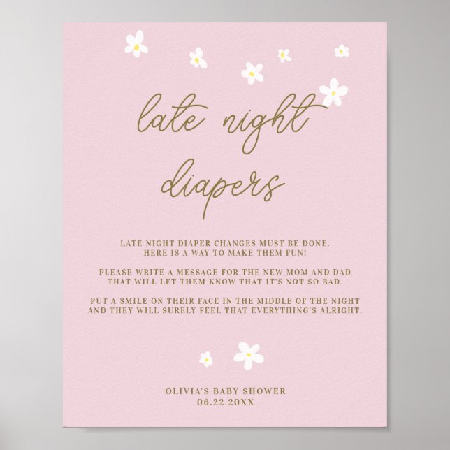 Poster Diapeurs de nuit Baby shower Boho Daisies rose (Devant)