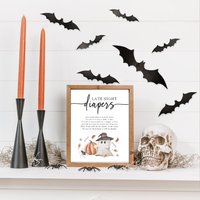 Poster Diapositives nocturnes d'Halloween (Halloween Late Night Diapers Game Sign A Little Boo Is Almost Due Ghost Pumpkin Baby Shower)