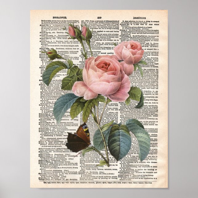 Poster Dictionnaire rose vintage et papillon (Devant)